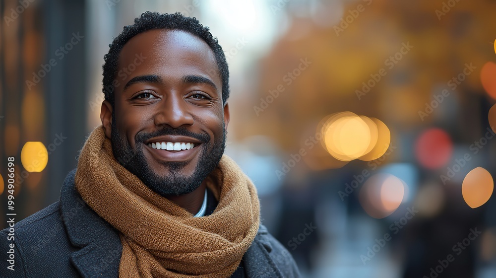Fototapeta premium A smiling man walks through the city, his cheerful demeanor adding to the lively urban atmosphere.