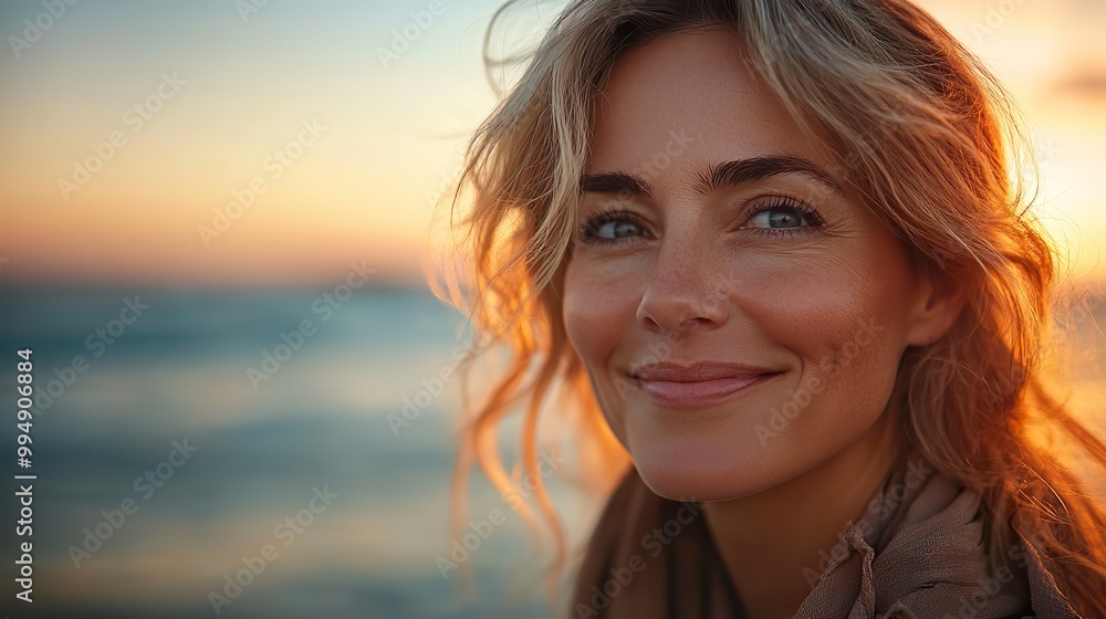 A smiling mature blond woman at the beach at sunset enjoys the freedom and relaxation of the moment, breathing in the fresh ocean air. A smiling mature blond woman at the beach at sunset enjoys the freedom and relaxation of the moment, breathing in the fresh ocean air.