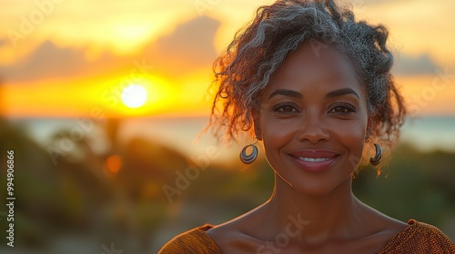 A smiling mature African woman at the beach at sunset feels happy, free, and relaxed, enjoying the ocean breeze and the beautiful end of the day.