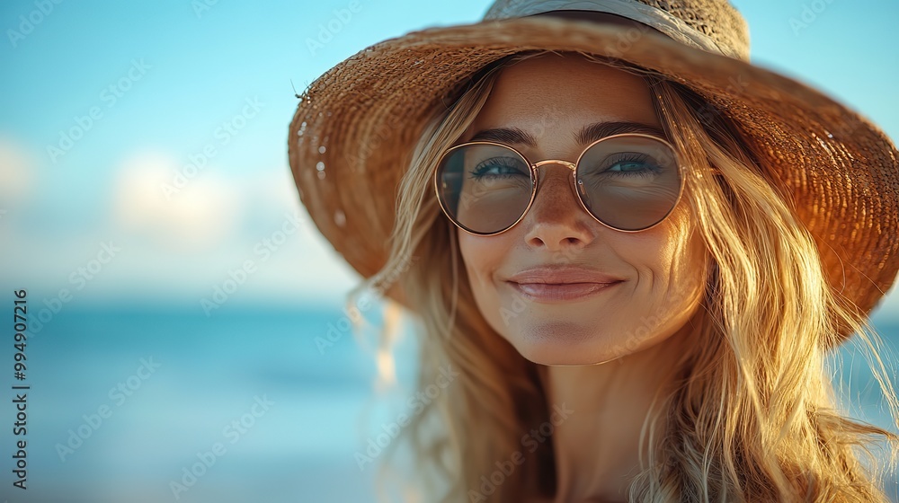 A smiling mature woman at the beach enjoys the sunny weather near the ocean, feeling happy and relaxed in her natural, carefree lifestyle.