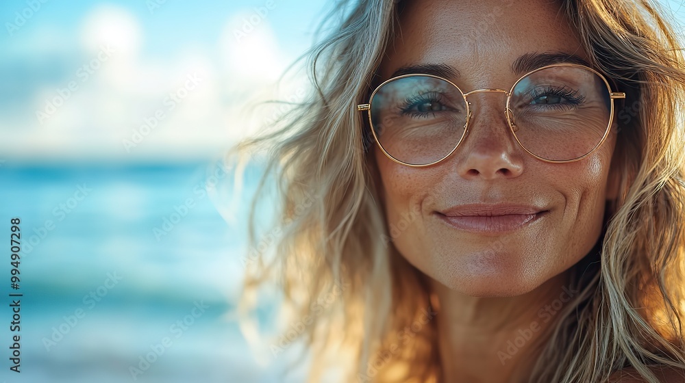 A smiling mature woman at the beach enjoys the sunny weather near the ocean, feeling happy and relaxed in her natural, carefree lifestyle. A smiling mature woman at the beach enjoys the sunny weather near the ocean, feeling happy and relaxed in her natural, carefree lifestyle.