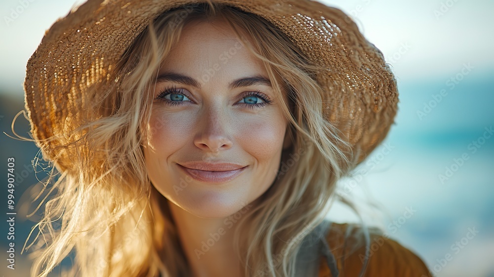 A smiling mature woman at the beach enjoys the sunny weather near the ocean, feeling happy and relaxed in her natural, carefree lifestyle. A smiling mature woman at the beach enjoys the sunny weather near the ocean, feeling happy and relaxed in her natural, carefree lifestyle.