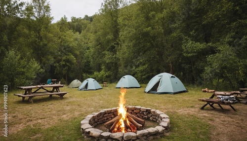 Tourists camping with a tent near a fire in the forest near the lake 58