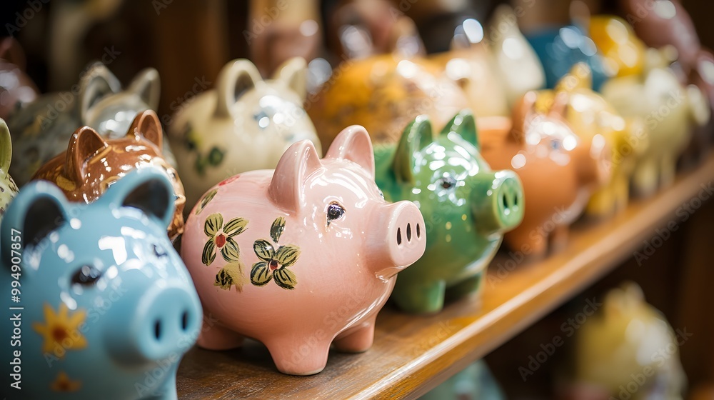 Obraz premium A Row of Colorful Ceramic Piggy Banks on a Wooden Shelf