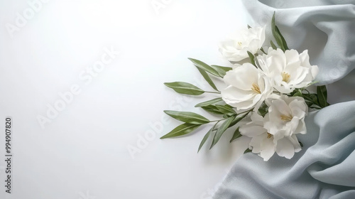 Elegant white flower and leafy branch arrangement on soft fabric