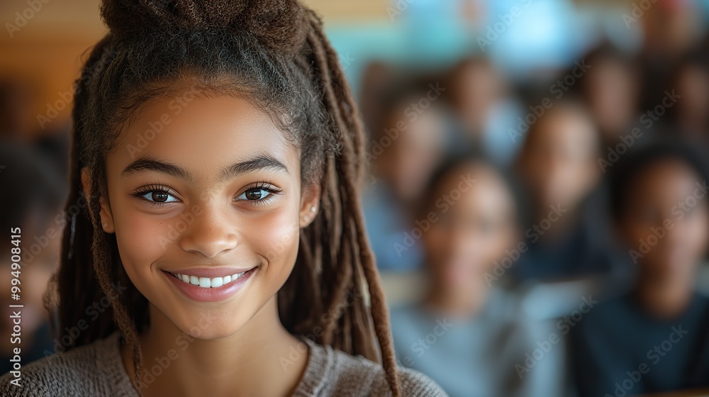 A smiling teenage girl in a classroom is eager and focused, enjoying her time at school. A smiling teenage girl in a classroom is eager and focused, enjoying her time at school.