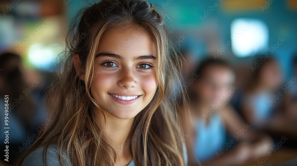 A smiling teenage girl in a classroom is eager and focused, enjoying her time at school. A smiling teenage girl in a classroom is eager and focused, enjoying her time at school.