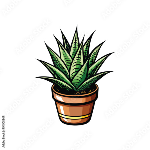 A decorative aloe vera plant with thick spikes, potted in a brown pot with a gold trim.