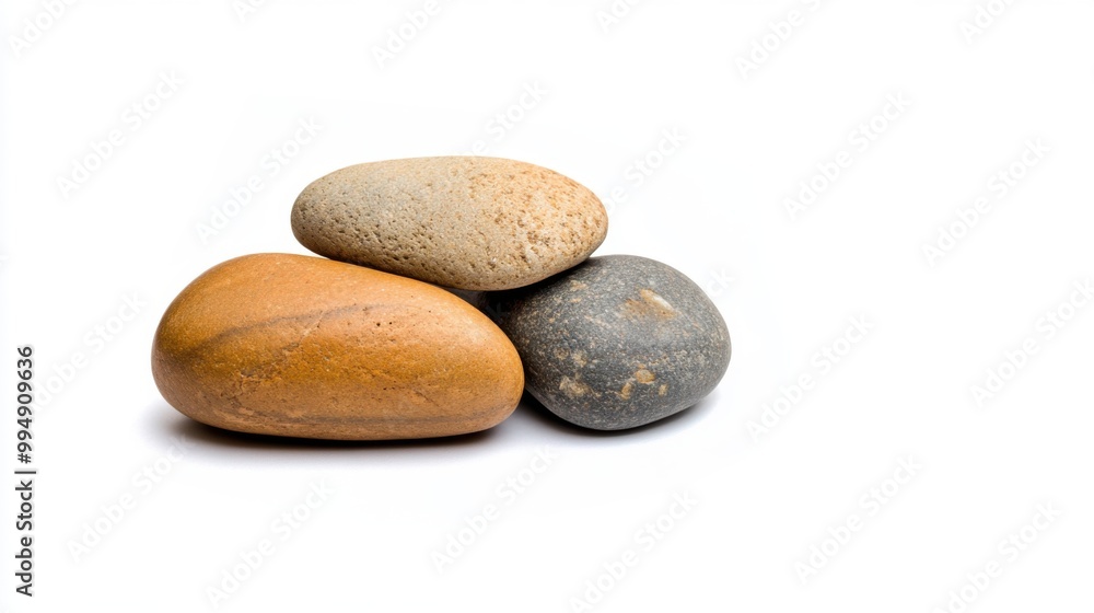 Three smooth stones stacked on top of each other, white isolated background. Three smooth stones stacked on top of each other, white isolated background.