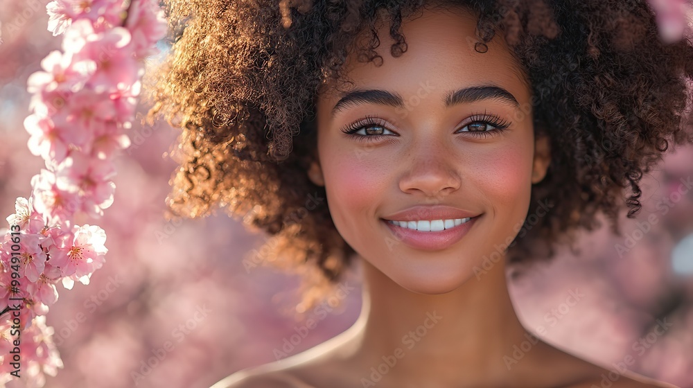 A smiling woman stands among spring blossoms, celebrating the beauty of the season. A smiling woman stands among spring blossoms, celebrating the beauty of the season.