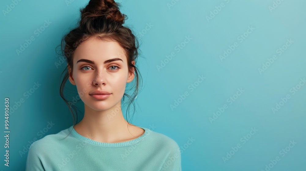 Portrait of a Young Woman With Natural Beauty and Minimal Makeup Against a Turquoise Background Portrait of a Young Woman With Natural Beauty and Minimal Makeup Against a Turquoise Background