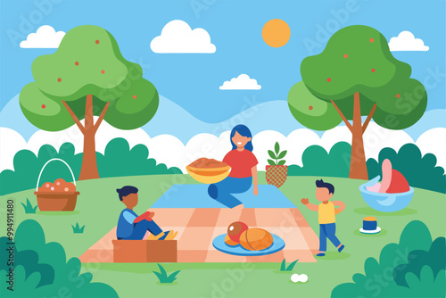 A family enjoying a picnic in a sunny park with trees, a picnic blanket, food, and a basket.