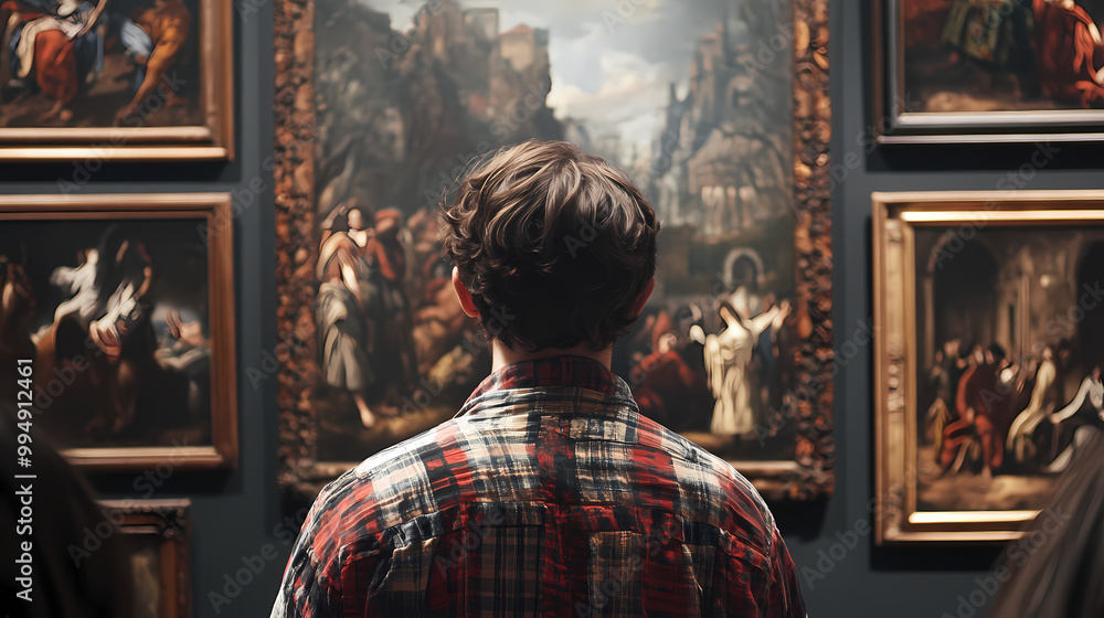Back of an adult person looking at renaissance style paintings in an old museum art gallery. Renaissance Art. Illustration Back of an adult person looking at renaissance style paintings in an old museum art gallery. Renaissance Art. Illustration