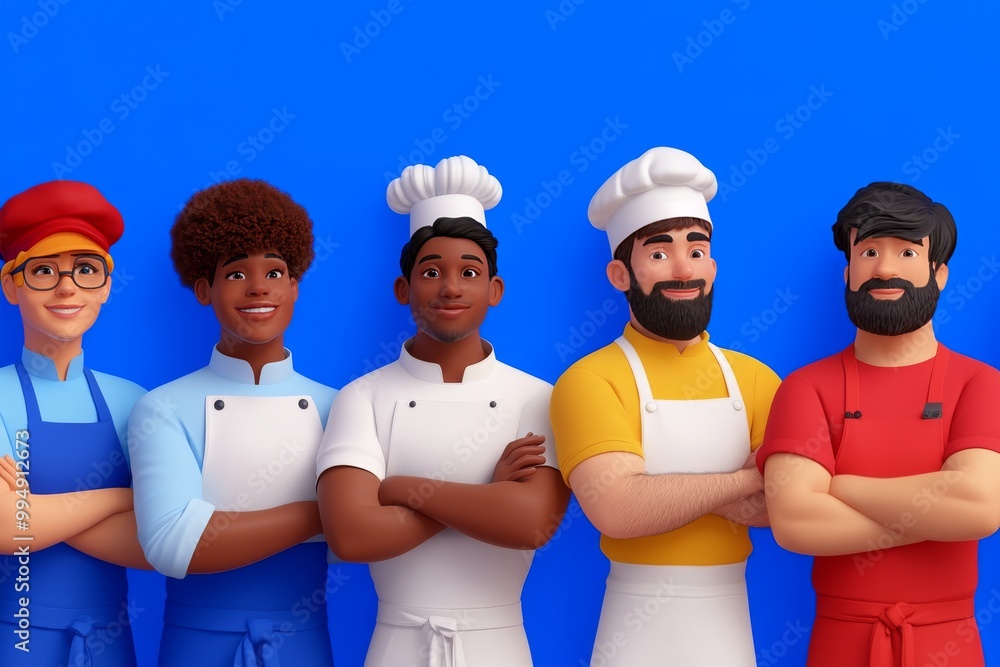 Cartoonish Chefs Smiling and Posing Together in Bright Uniforms Cartoonish Chefs Smiling and Posing Together in Bright Uniforms