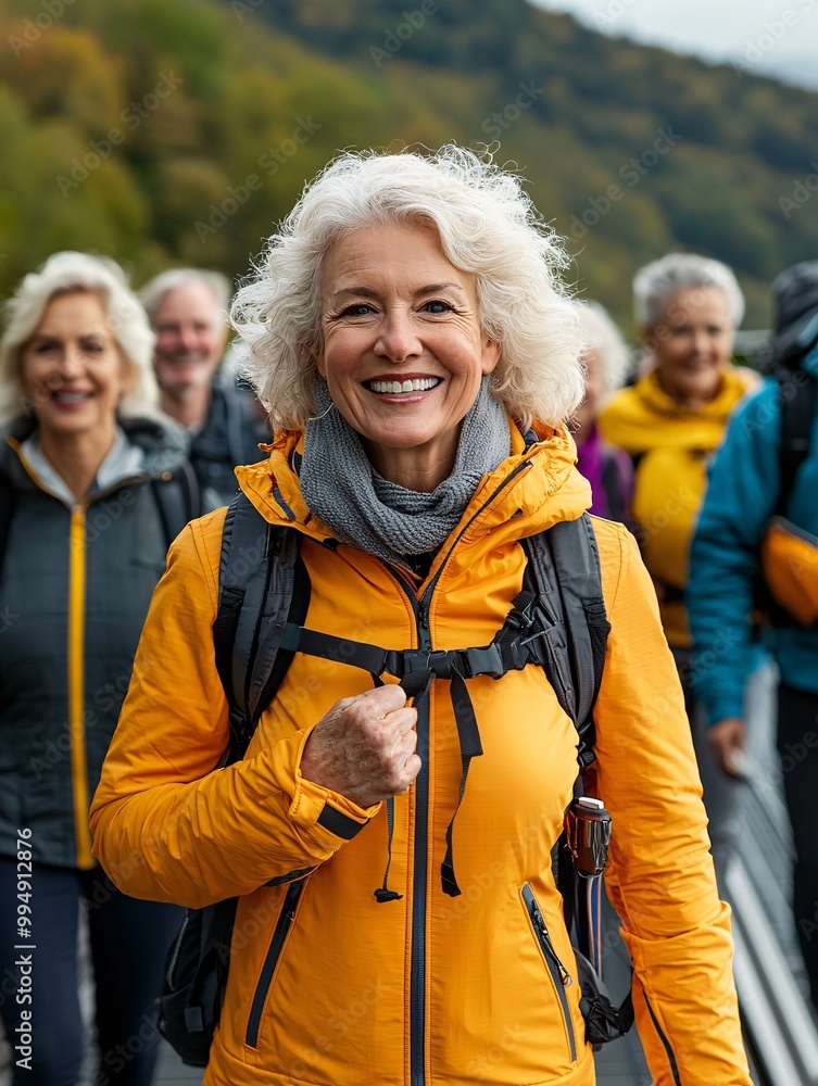 Smiling Woman in Yellow Jacket Among Hikers Outdoors Smiling Woman in Yellow Jacket Among Hikers Outdoors