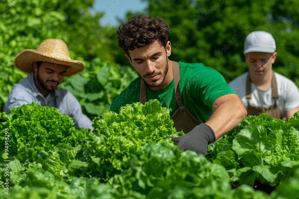 Dedicated Farmers Working Together in a Lush Vegetable Garden Dedicated Farmers Working Together in a Lush Vegetable Garden
