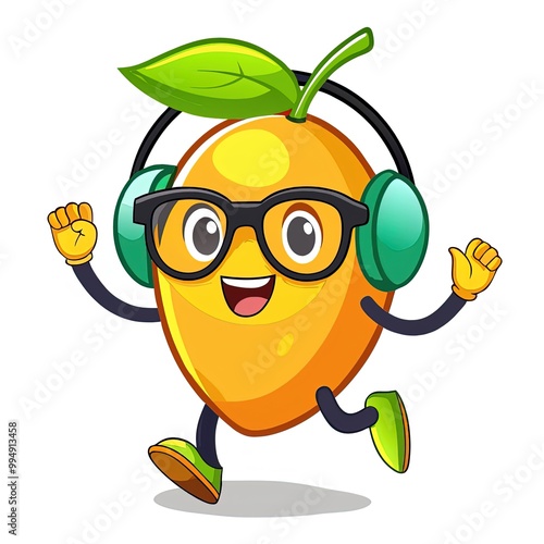 Cute and Funny Dancing Mango With Headphone and glasses. Dancing Mango Illustration on a white background.