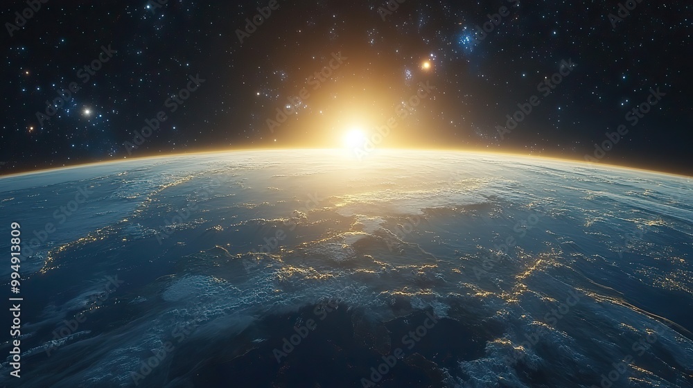 A space view of Earth highlights Europe with galaxies, a star cluster, and a distant sun in the background. A space view of Earth highlights Europe with galaxies, a star cluster, and a distant sun in the background.