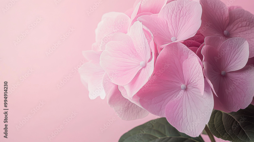 Closeup copy space head hydrangea half on side bottom, pastel solid pink bacground, hyper realistic Closeup copy space head hydrangea half on side bottom, pastel solid pink bacground, hyper realistic