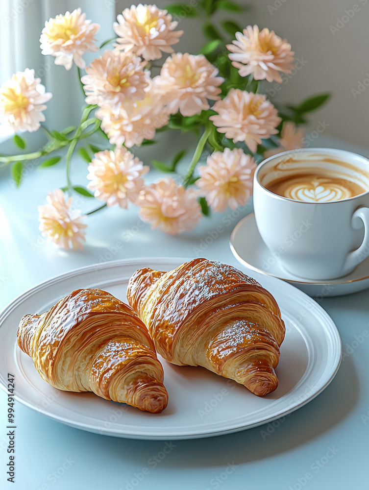 A cup of coffee with heart latte art on top and croissant in the afternoon A cup of coffee with heart latte art on top and croissant in the afternoon