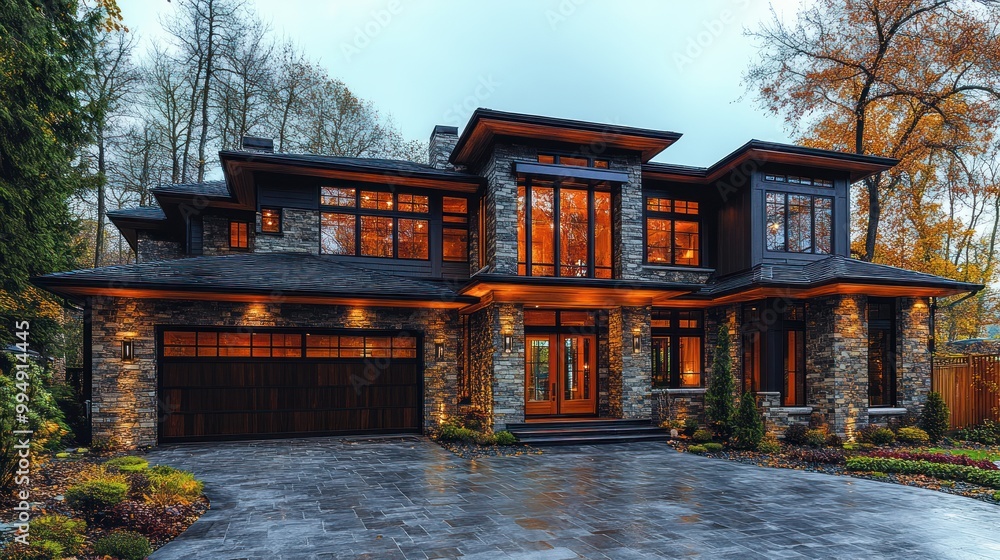 Modern house with stone facade and warm lighting at dusk. Modern house with stone facade and warm lighting at dusk.