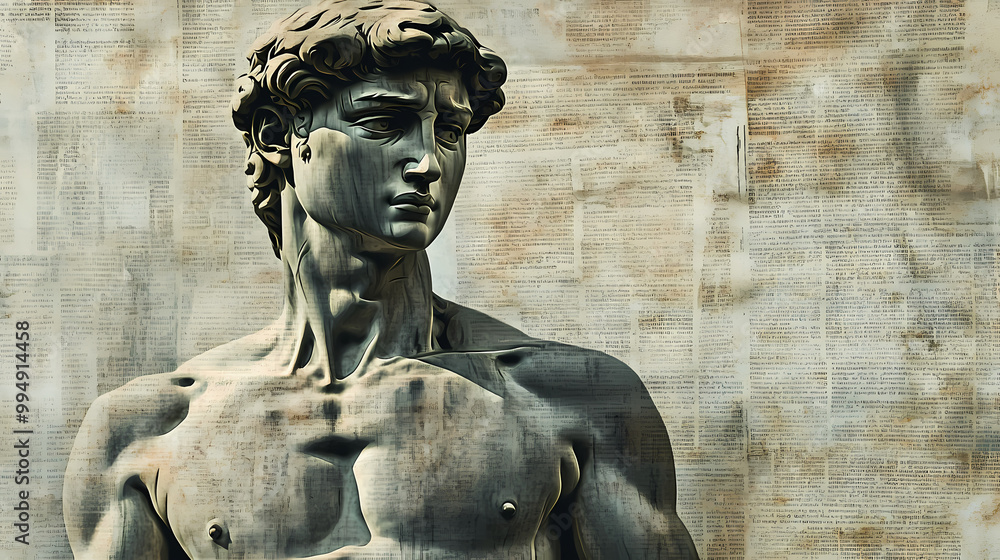 Fototapeta premium Abstract david statue with grunge and newspaper background. Renaissance Art. Illustration