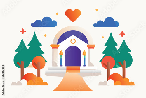 Flat hand-drawn wedding venue with simplistic design and an orange walkway leading to the building.