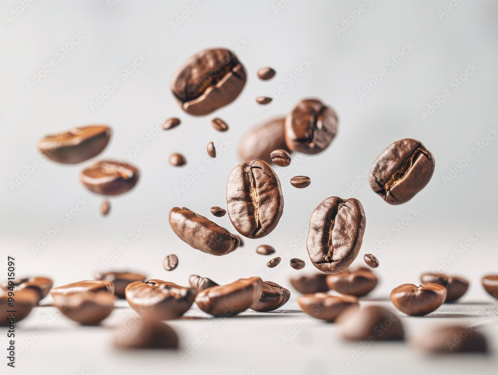 Various falling fresh ripe Coffee beans on light white background, horizontal composition