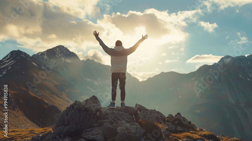 Man in winner pose with raised hands stands on the mountain. Triumphant Hiker Celebrates Atop Mountain Peak at Sunrise