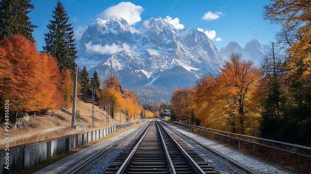 Fototapeta premium Train Tracks Leading Towards Majestic Mountains in Autumn