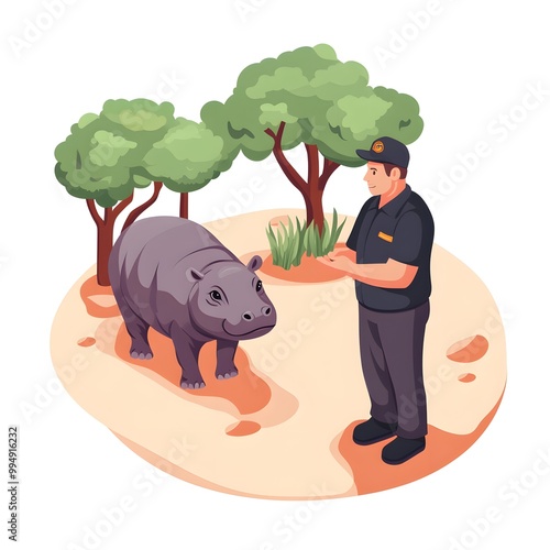 Isometric Rendering of Baby Pygmy Hippo in the Zoo with Zookeeper. photo