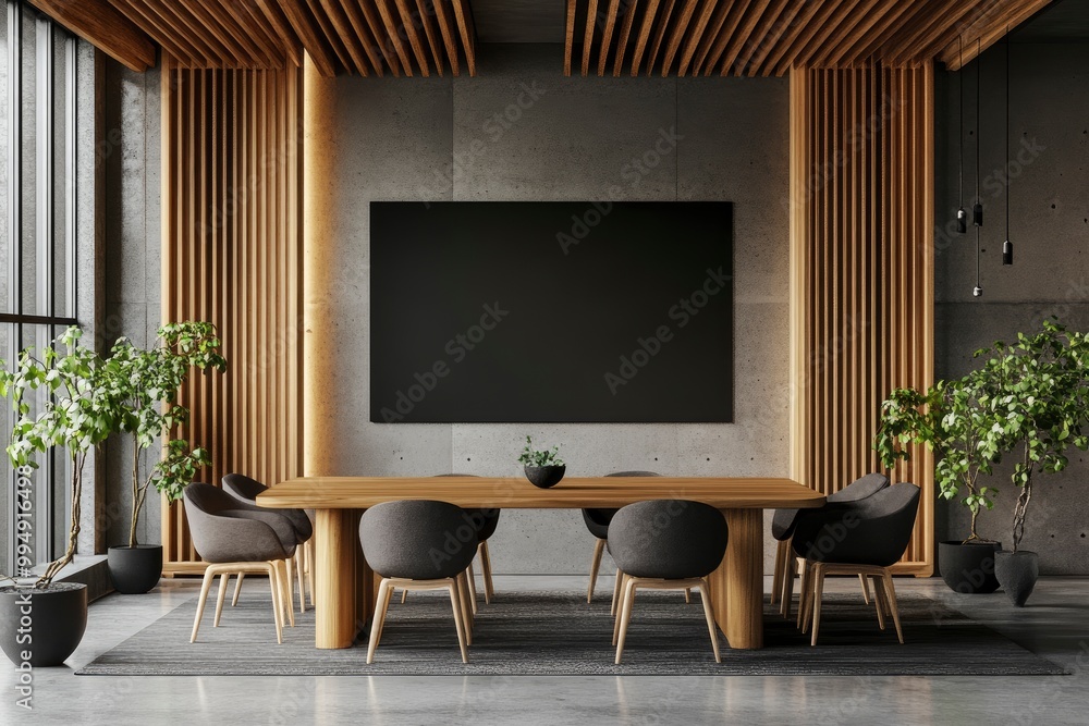Fototapeta premium Modern wooden and concrete meeting room interior with furniture and black mock up screen. 3D Rendering .generative ai