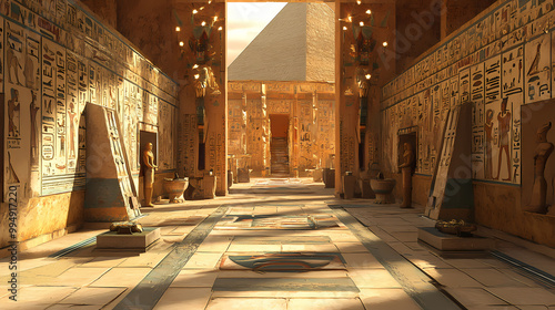 Ai generated image of inside an ancient egyptian pyramid, with various artifacts on the ground and heliographs on the walls. Ancient Egypt. Illustration photo