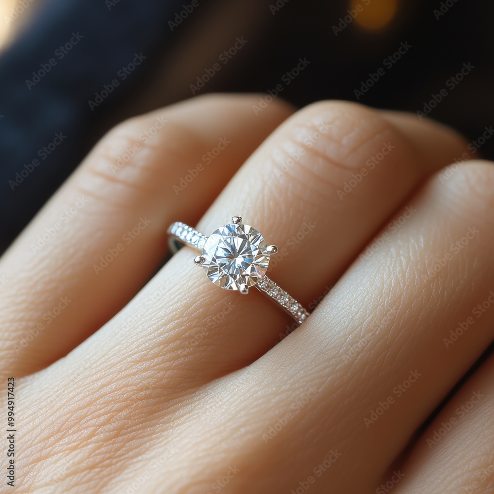 Close up of an elegant engagement diamond ring on woman finger Close up of an elegant engagement diamond ring on woman finger