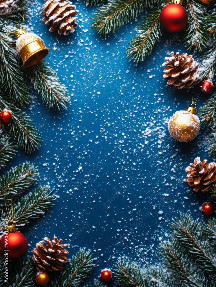 Christmas background border with fir and baubles on blue Christmas background border with fir and baubles on blue