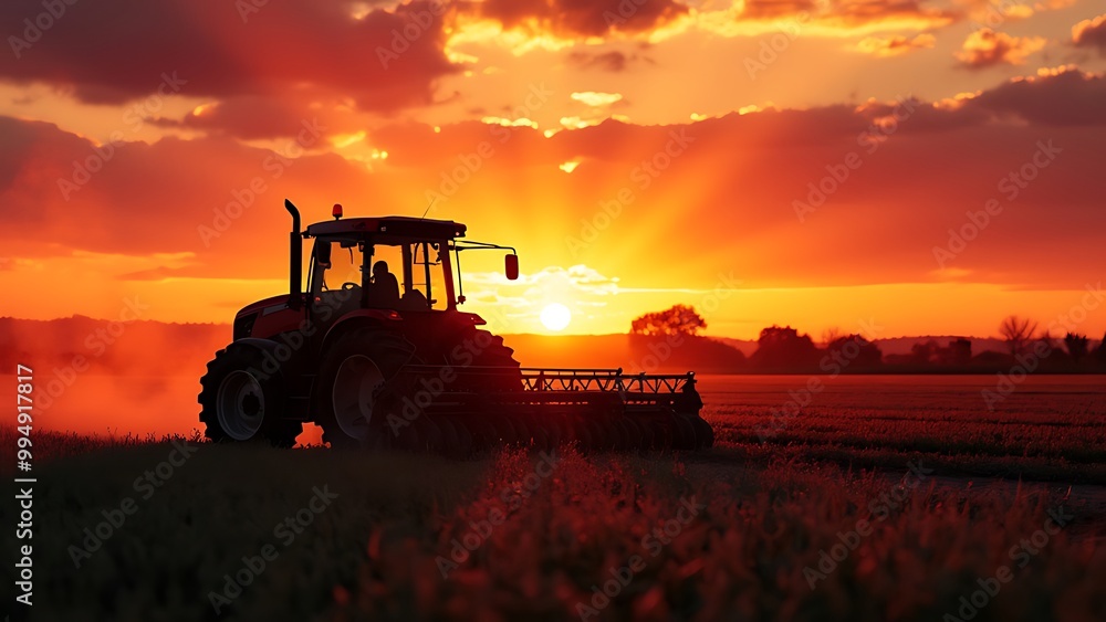 Obraz premium Agricultural machinery working in the fields at sunset, capturing the essence of modern farming. The warm glow of the setting sun highlights the equipment and the expansive farmland.