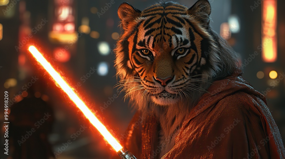 A tiger brandishing a lightsaber stands out in the glowing ambiance of a neon city. A tiger brandishing a lightsaber stands out in the glowing ambiance of a neon city.