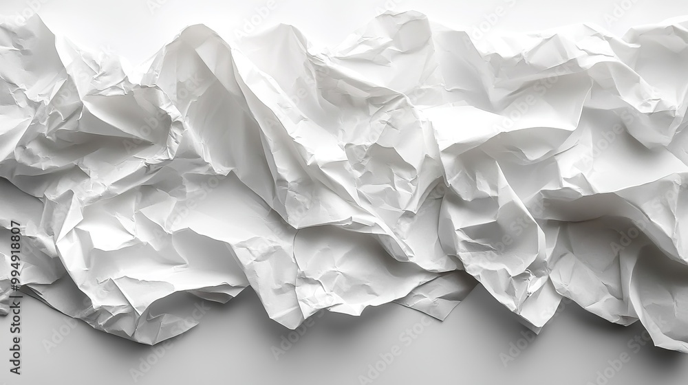 A top view of a crumpled white paper sheet, showcasing its detailed texture as an abstract background. A top view of a crumpled white paper sheet, showcasing its detailed texture as an abstract background.