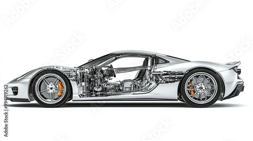 Side view of the exterior, detailed cutaway car body made from metal and glass on a white background