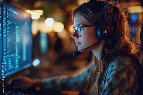 Woman wearing a headset while working on a computer in a warmly lit environment symbolizing tech driven productivity modern communication and digital work interaction