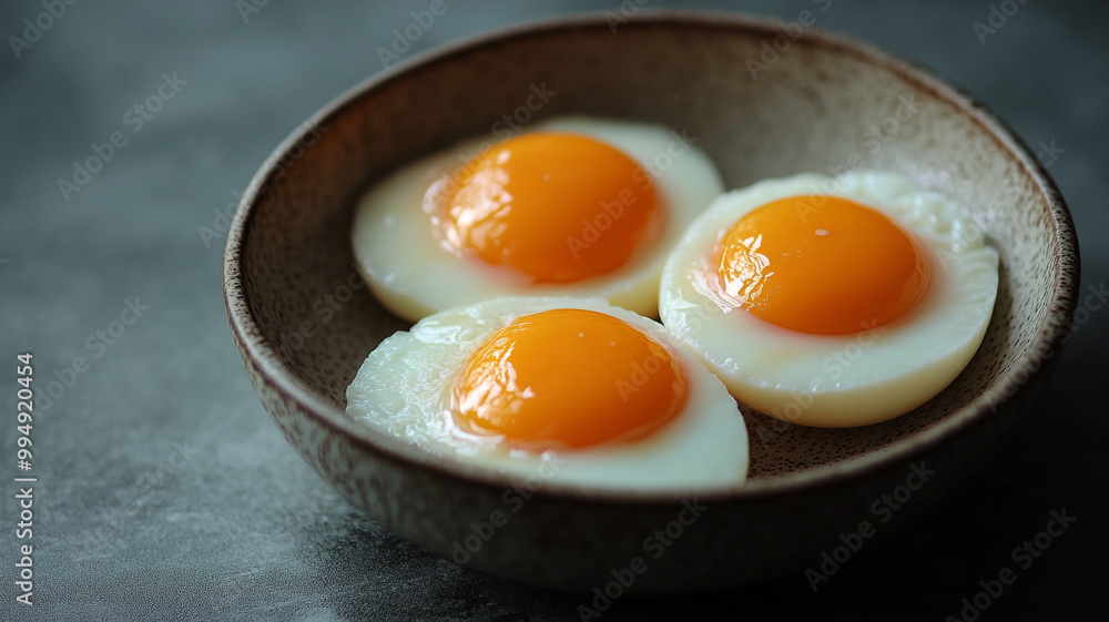 Deliciously cooked eggs served in a rustic bowl on a dark surface Deliciously cooked eggs served in a rustic bowl on a dark surface