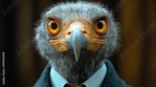 A vulture dressed in an elegant suit with a tie, showcasing a charismatic pose in a fashion portrait of an anthropomorphic bird. photo