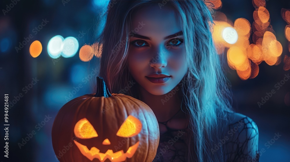 Naklejka premium Spooky Halloween Woman with Jack O Lantern