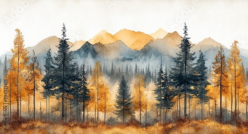 Fototapeta Naklejka Na Ścianę i Meble -  A watercolor illustration of a forest and trees, set against a white background for a clean, natural look.