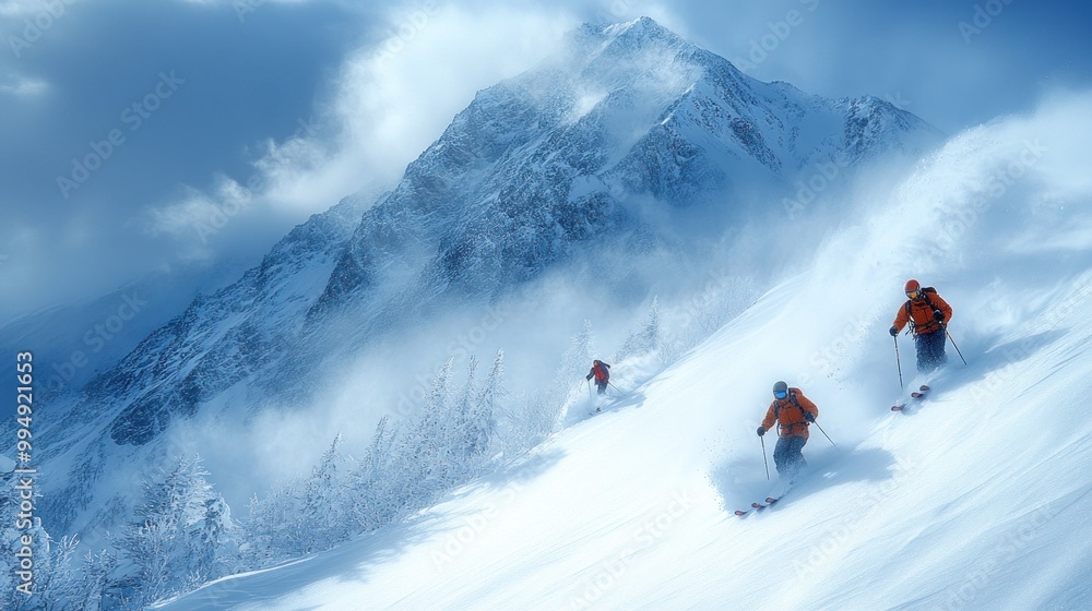 Skiers navigating a snowy mountain landscape under cloudy skies. Skiers navigating a snowy mountain landscape under cloudy skies.