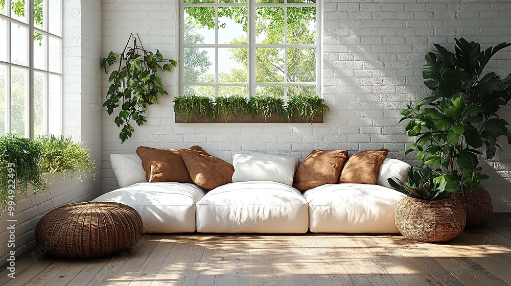 A white brick wall paired with a wooden floor, creating a warm and inviting interior space. A white brick wall paired with a wooden floor, creating a warm and inviting interior space.