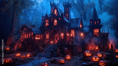 Haunted House in Foggy Forest with Jack o Lanterns for Halloween