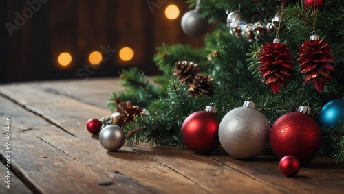 Christmas Tree with Red and Silver Ornaments and Star Topper