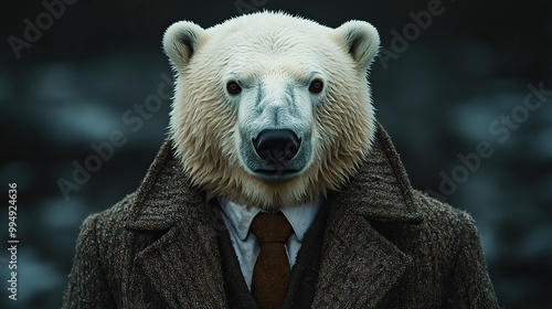 A white polar bear in an elegant, modern suit with a stylish tie poses in a charismatic human-like manner, captured in a fashion portrait.