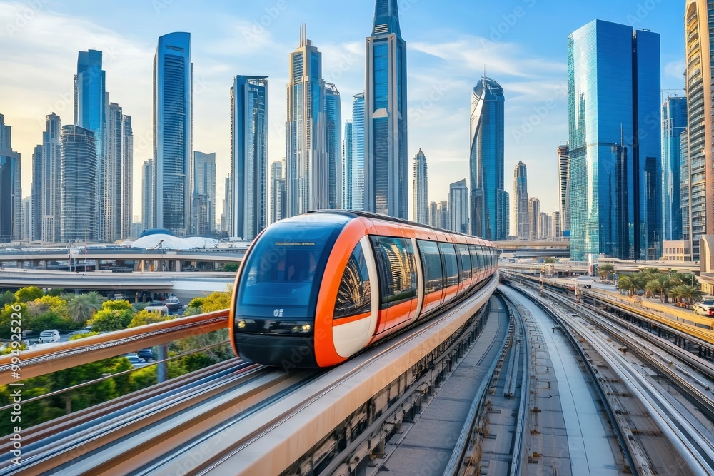Naklejka premium Monorail Subway train rides among glass skyscrapers in Dubai. Traffic on street in Dubai. Museum of the Future in Dubai. Cityscape skyline. Urban background. generative ai